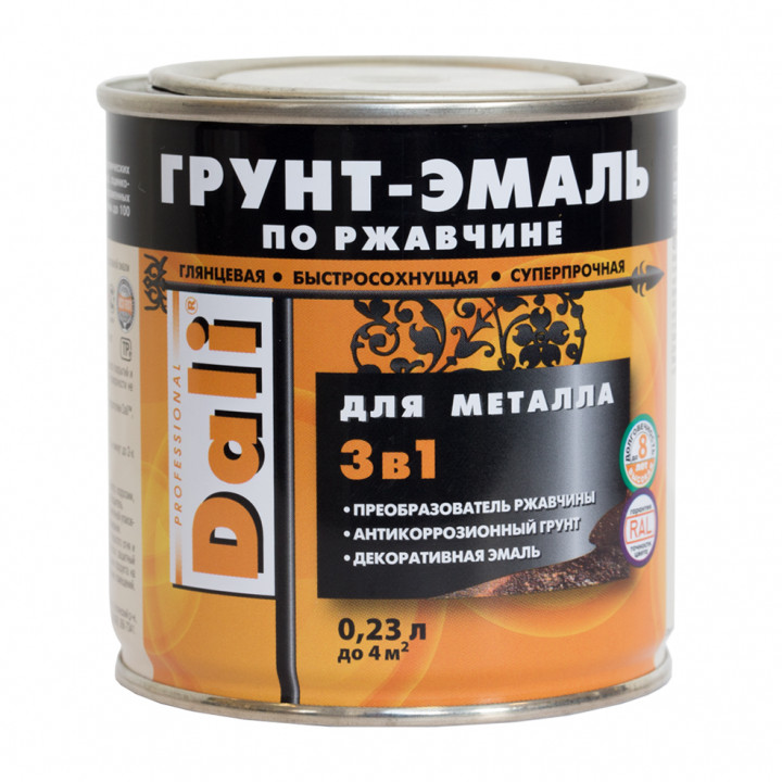 Грунт-эмаль по ржавчине DALI 3 в 1 черная RAL9005 0,23л РОГНЕДА