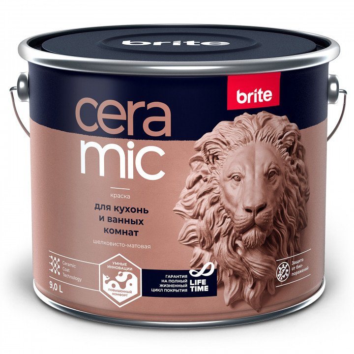 Краска BRITE CERAMIC для кухон и ванных комнат база А, ведро 9л