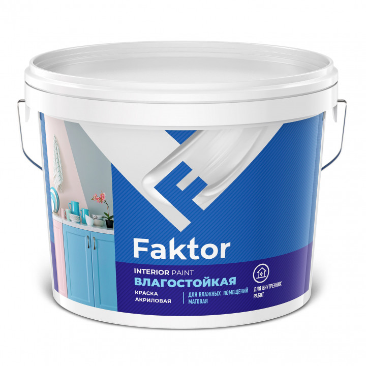 Краска FAKTOR интерьерная влагостойкая белая, ведро 6кг